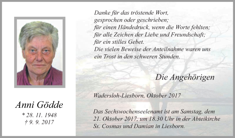  Traueranzeige für Anni Gödde vom 14.10.2017 aus Die Glocke