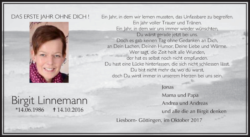  Traueranzeige für Birgit Linnemann vom 14.10.2017 aus Die Glocke