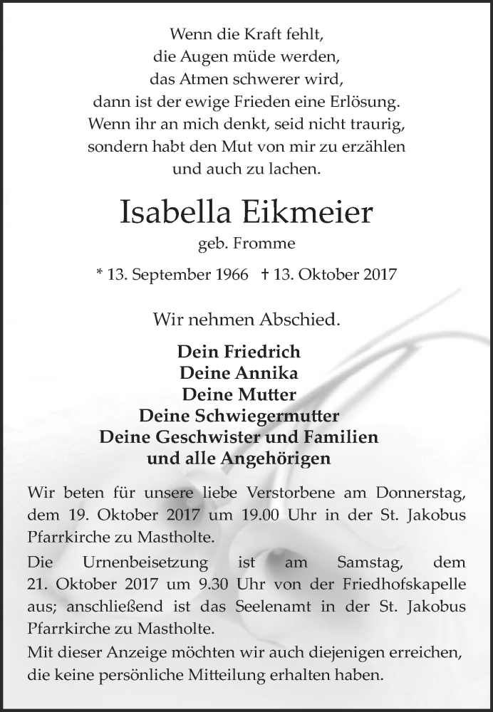  Traueranzeige für Isabella Eikmeier vom 17.10.2017 aus Die Glocke