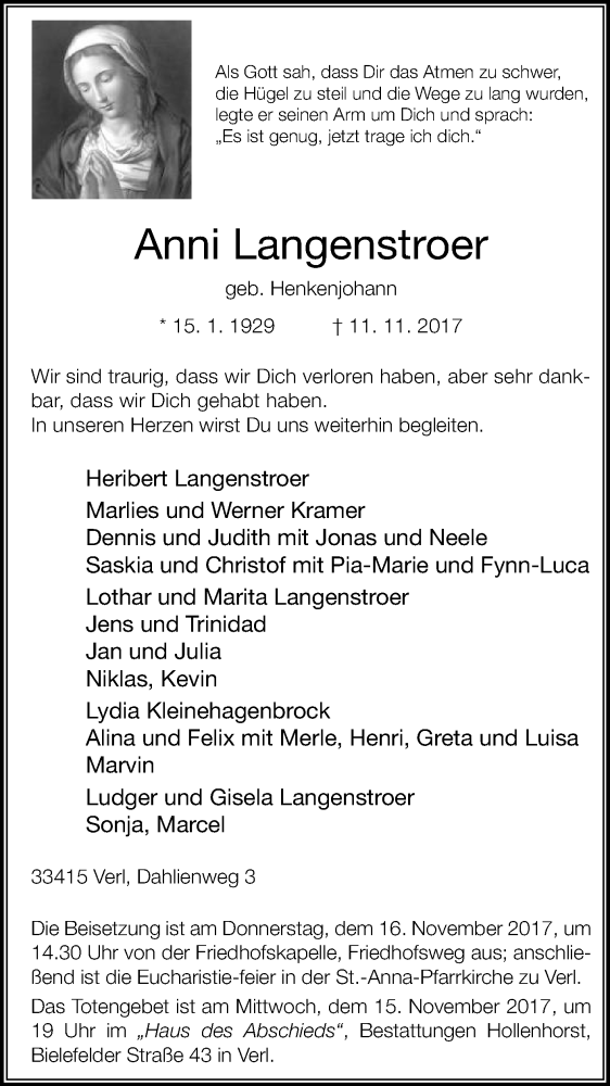  Traueranzeige für Anni Langenstroer vom 14.11.2017 aus Die Glocke