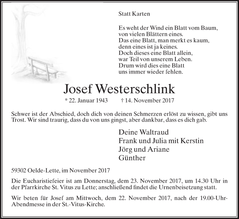  Traueranzeige für Josef Westerschlink vom 18.11.2017 aus Die Glocke