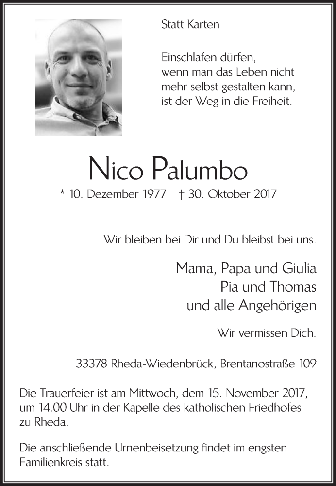  Traueranzeige für Nico Palumbo vom 11.11.2017 aus Die Glocke