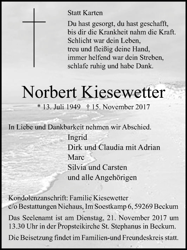  Traueranzeige für Norbert Kiesewetter vom 18.11.2017 aus Die Glocke