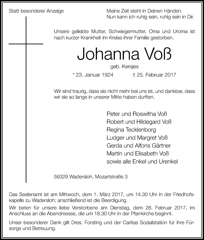  Traueranzeige für Johanna Voß vom 27.02.2017 aus Die Glocke