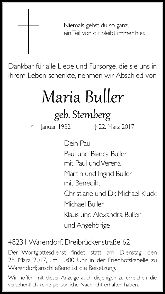  Traueranzeige für Maria Buller vom 25.03.2017 aus Die Glocke