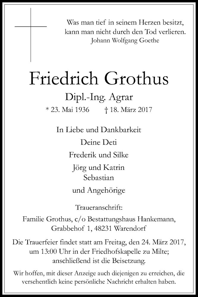  Traueranzeige für Friedrich Grothus vom 22.03.2017 aus Die Glocke
