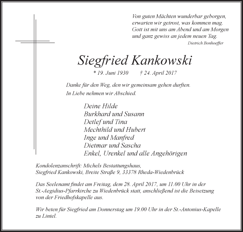  Traueranzeige für Siegfried Kankowski vom 26.04.2017 aus Die Glocke