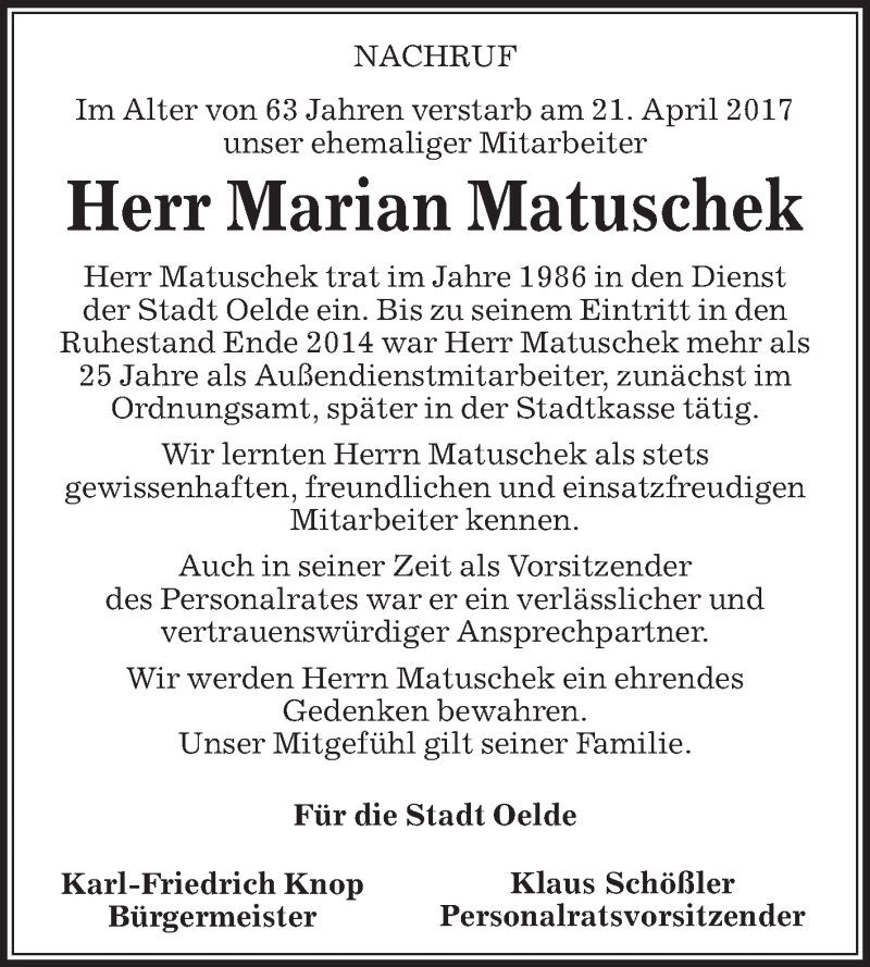  Traueranzeige für Marian Matuschek vom 26.04.2017 aus Die Glocke