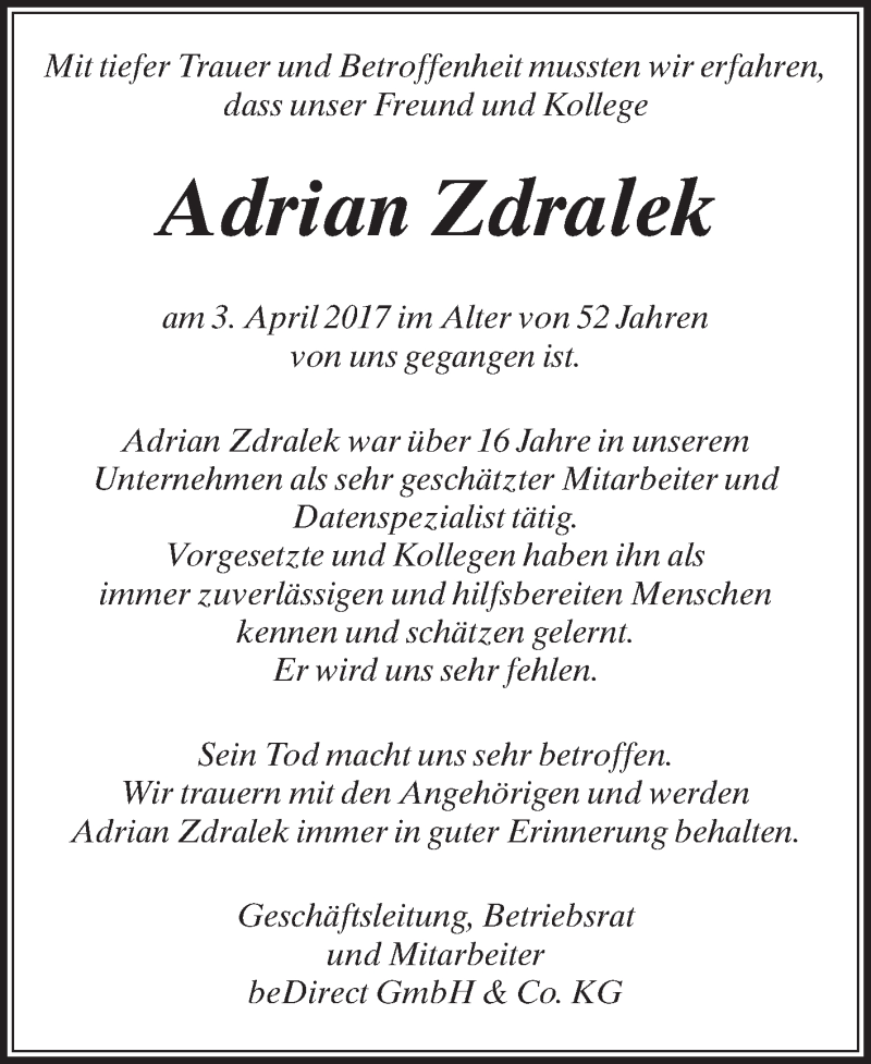  Traueranzeige für Adrian Zdralek vom 14.04.2017 aus Die Glocke
