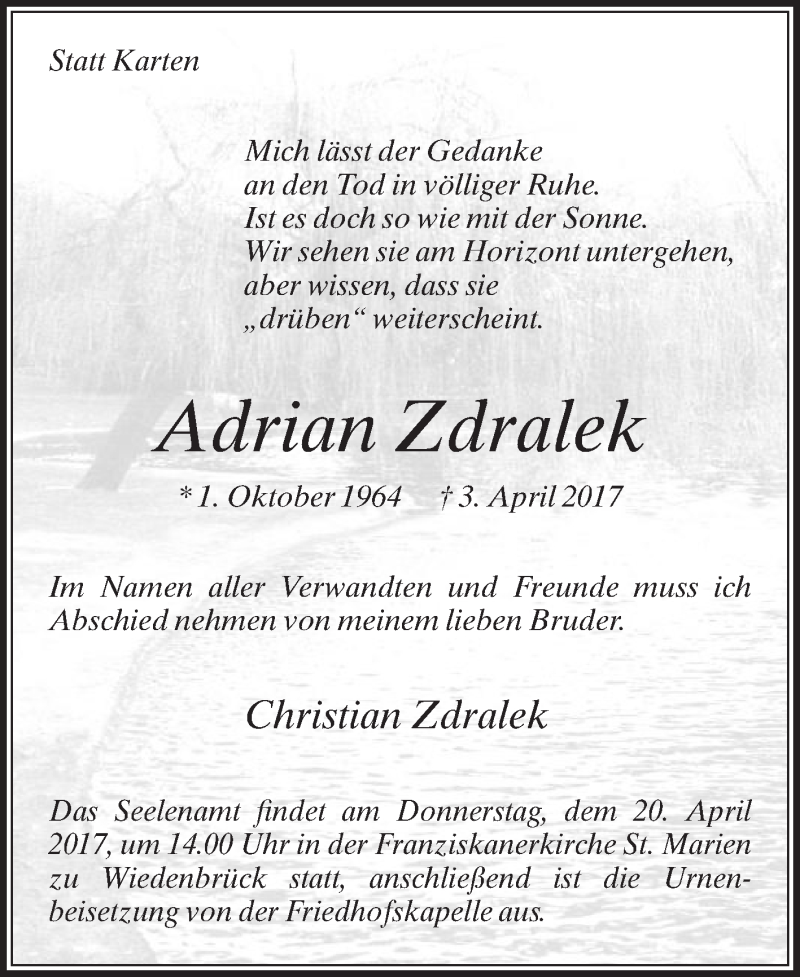  Traueranzeige für Adrian Zdralek vom 14.04.2017 aus Die Glocke