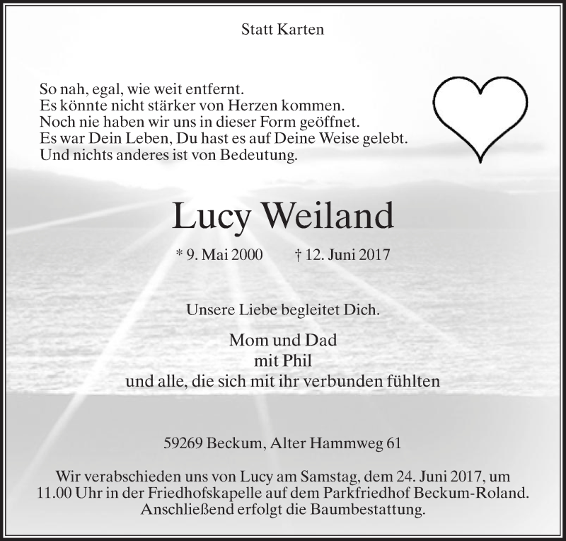  Traueranzeige für Lucy Weiland vom 17.06.2017 aus Die Glocke