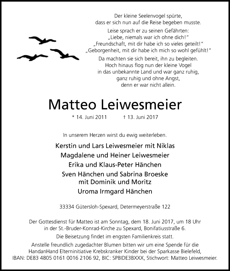  Traueranzeige für Matteo Leiwesmeier vom 17.06.2017 aus Die Glocke