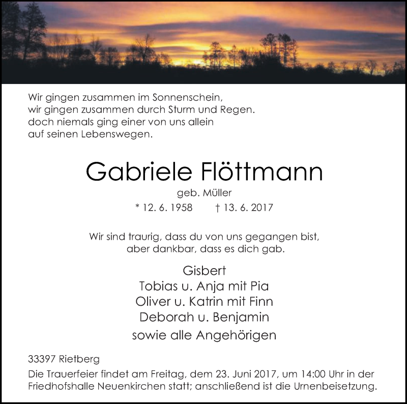  Traueranzeige für Gabriele Flöttmann vom 15.06.2017 aus Die Glocke