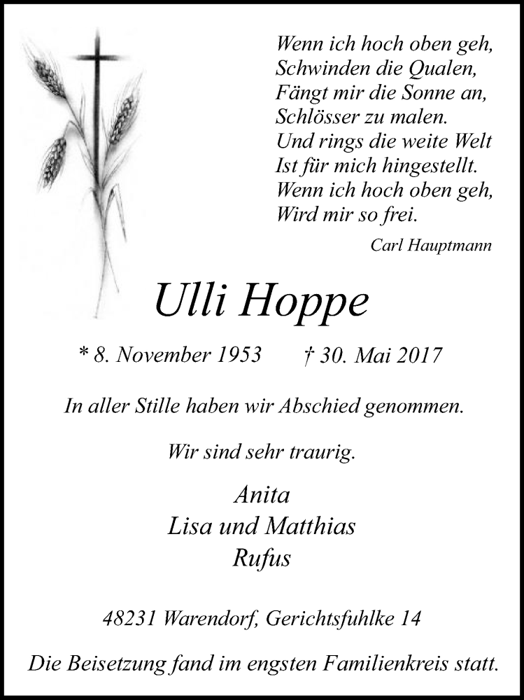  Traueranzeige für Ulli Hoppe vom 10.06.2017 aus Die Glocke