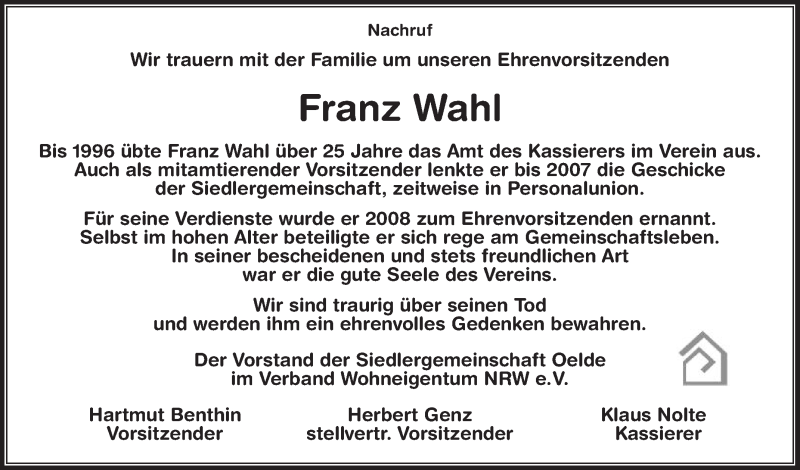  Traueranzeige für Franz Wahl vom 22.07.2017 aus Die Glocke