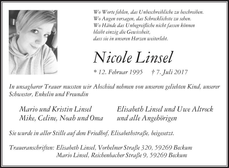 Traueranzeige für Nicole Linsel vom 15.07.2017 aus Die Glocke