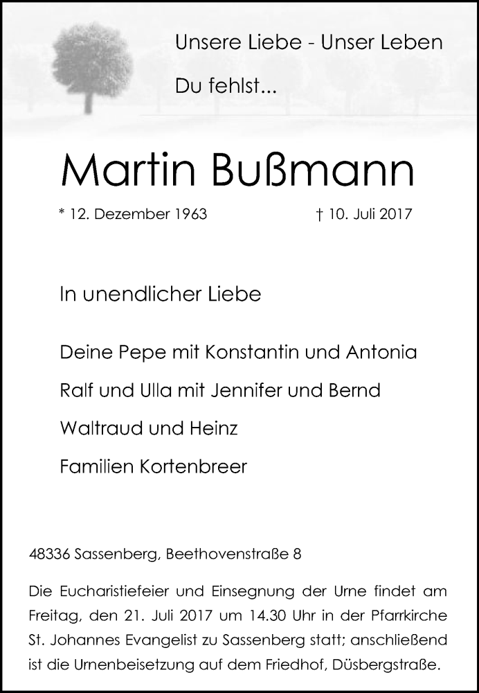  Traueranzeige für Martin Bußmann vom 15.07.2017 aus Die Glocke