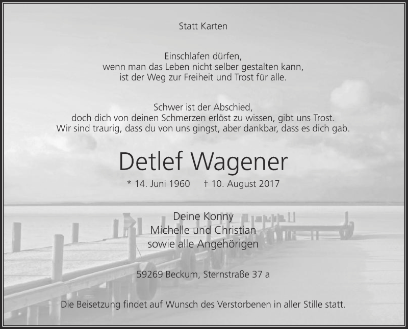  Traueranzeige für Detlef Wagener vom 16.08.2017 aus Glocke Trauer
