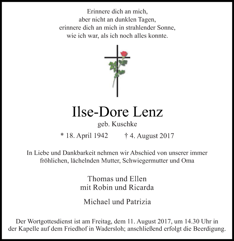  Traueranzeige für Ilse-Dore Lenz vom 07.08.2017 aus Die Glocke