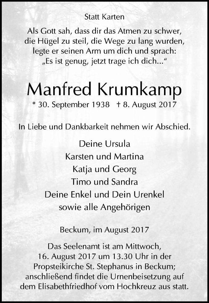  Traueranzeige für Manfred Krumkamp vom 12.08.2017 aus Die Glocke