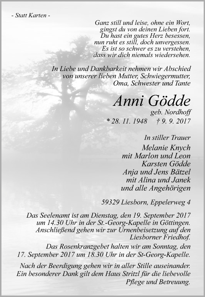  Traueranzeige für Anni Gödde vom 12.09.2017 aus Die Glocke