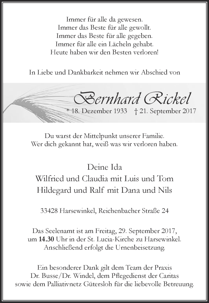  Traueranzeige für Bernhard Rickel vom 23.09.2017 aus Die Glocke