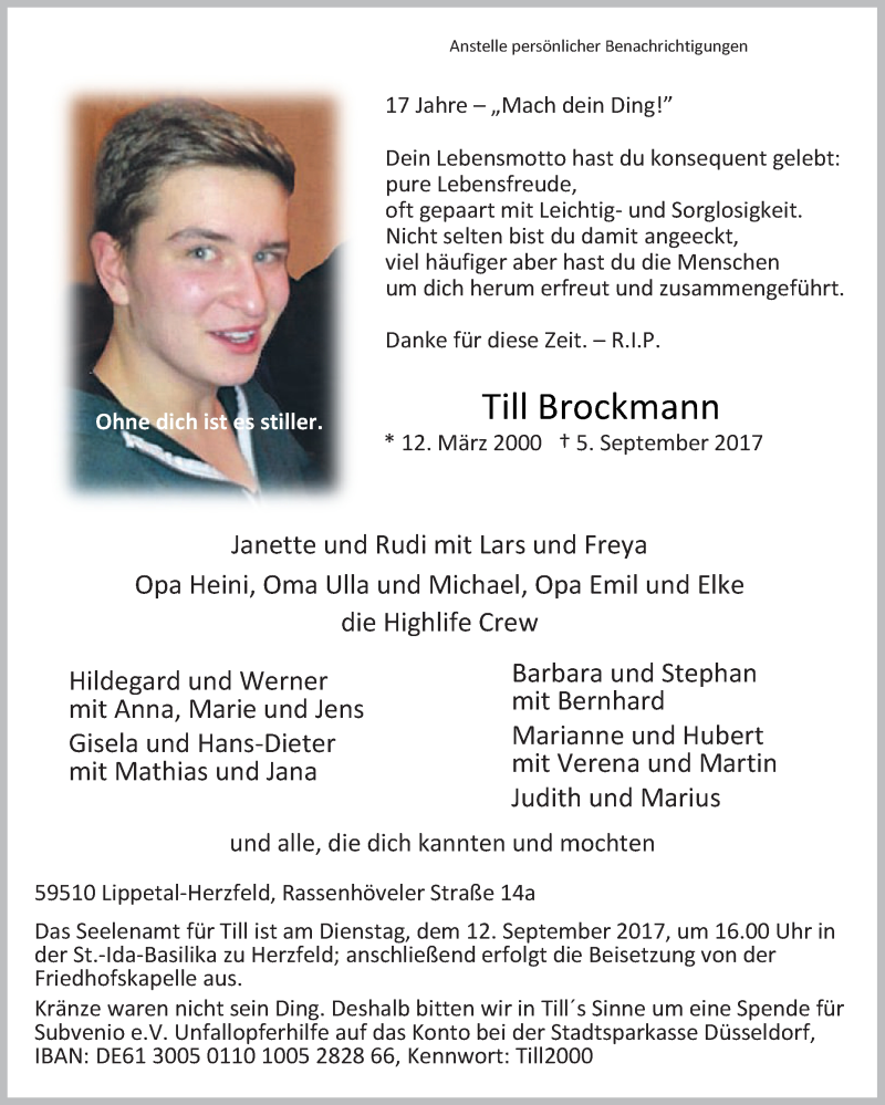  Traueranzeige für Till Brockmann vom 11.09.2017 aus Die Glocke