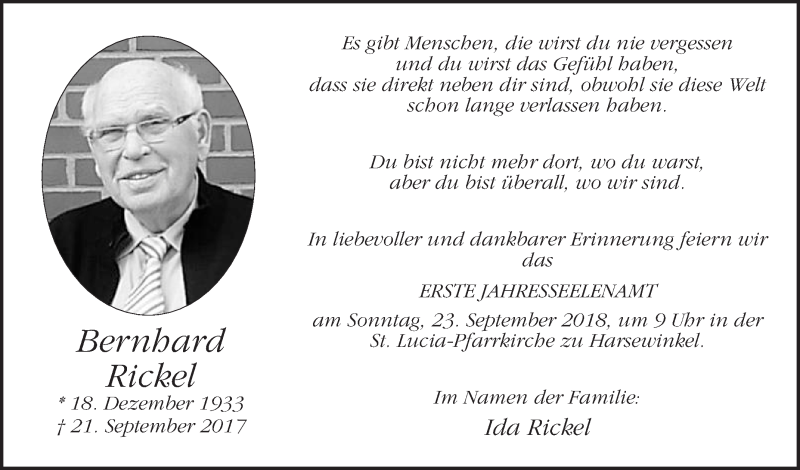  Traueranzeige für Bernhard Rickel vom 15.09.2018 aus Die Glocke