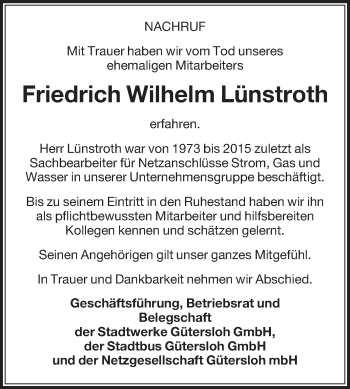 Traueranzeige von Friedrich Wilhelm Lünstroth von Die Glocke