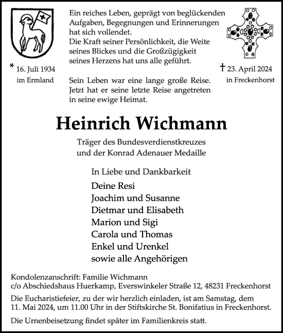 Traueranzeige von Heinrich Wichmann von Die Glocke