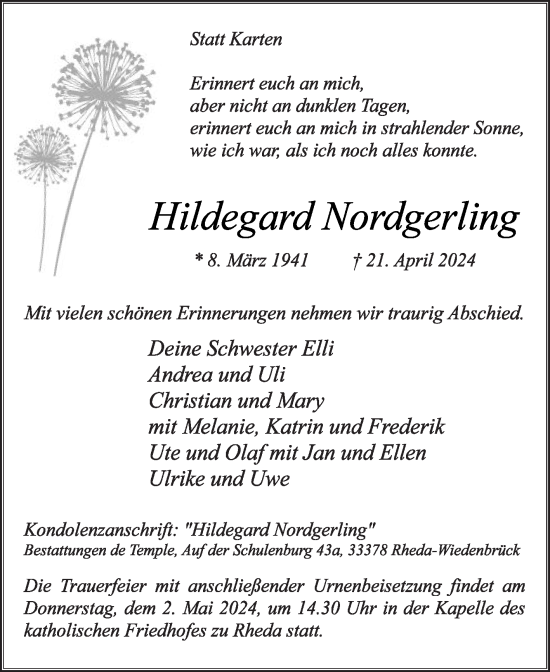 Traueranzeige von Hildegard Nordgerling von Die Glocke