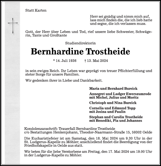 Traueranzeige von Bernhardine Trostheide von Die Glocke