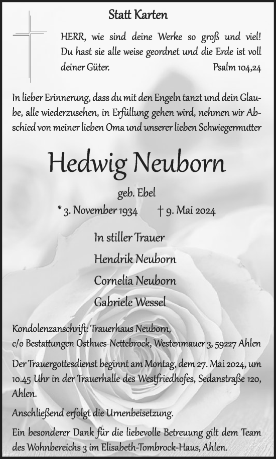 Traueranzeige von Hedwig Neuborn von Die Glocke