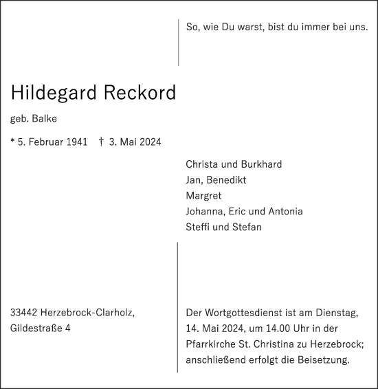 Traueranzeige von Hildegard Reckord von Die Glocke