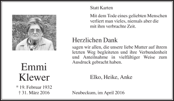 Traueranzeige von Emmi Klewer von Die Glocke