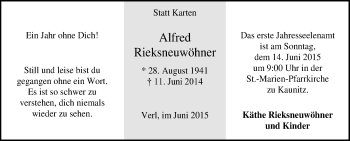 Traueranzeige von Alfred Rieksneuwöhner von Die Glocke