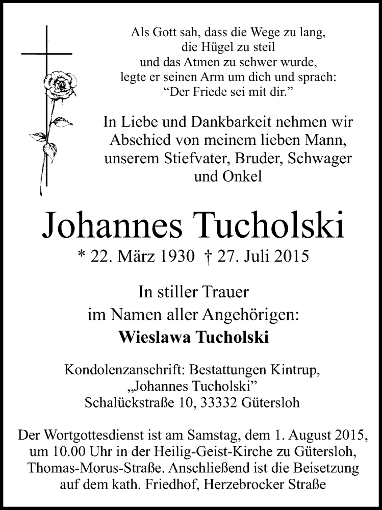  Traueranzeige für Johannes Tucholski vom 29.07.2015 aus Die Glocke