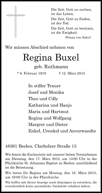 Traueranzeige von Regina Buxel von Die Glocke