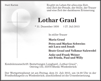 Traueranzeige von Lothar Graul von Die Glocke