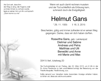 Traueranzeige von Helmut Gans von Die Glocke