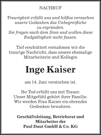 Traueranzeige von Inge Kaiser von Die Glocke