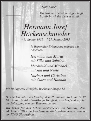 Traueranzeige von Hermann josef Höckenschnieder von Die Glocke