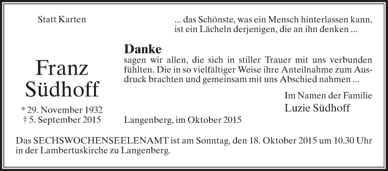  Traueranzeige für Franz Südhoff vom 10.10.2015 aus Die Glocke