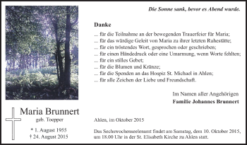 Traueranzeige von Maria Brunnert von Die Glocke