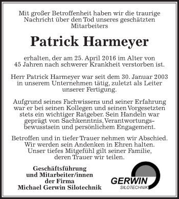 Traueranzeige von Patrick Harmeyer von Die Glocke