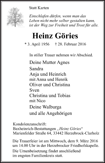 Traueranzeige von Heinz Göries von Die Glocke