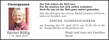 Traueranzeige von Bärbel Röllig von Die Glocke