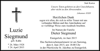 Traueranzeige von Luzie Siegmund von Die Glocke