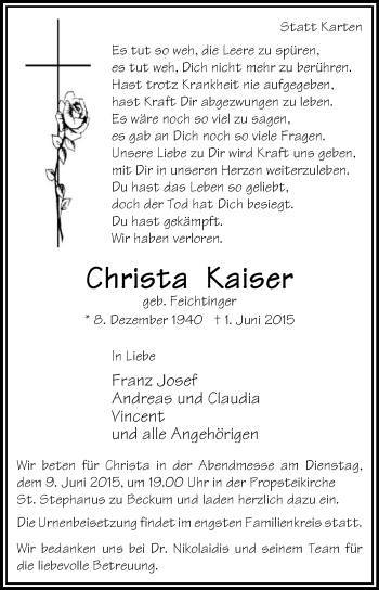 Traueranzeige von Christa Kaiser von Die Glocke