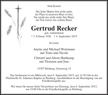 Traueranzeige von Gertrud Recker von Die Glocke